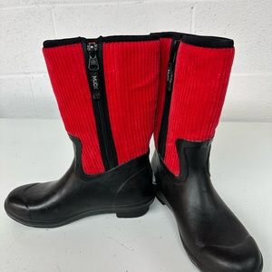 Red corduroy topped muck boots